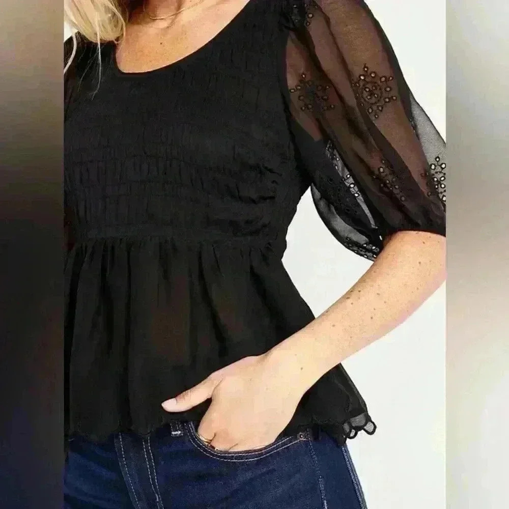 NWT Old Navy Chiffon Smocked Puffed Sleeve Top ~ Black ~ XL